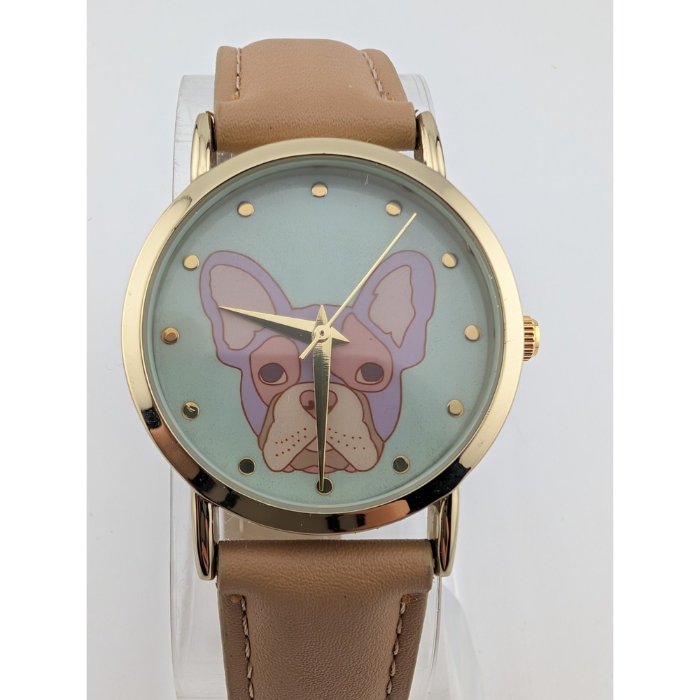 Accutime French Bulldog Women's Watch Beige Faux Leather Band- New Battery